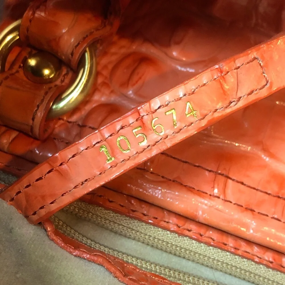 BRAHMIN Croc Embossed Leather Rolled Top Handle Tangerine Satchel Shoulder Bag